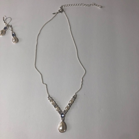 SHA 18" WHITE RHINESTONE PEARL TEARDROP PENDANT NECKLACE Jewerly Set - Picture 4 of 12